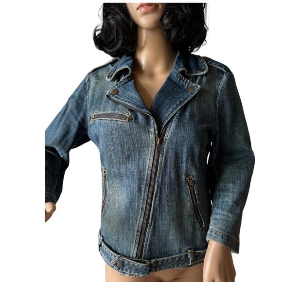 Vintage Y2K Current Elliott The Biker Jacket blue denim Motoside zipper size 6 - Picture 13 of 16